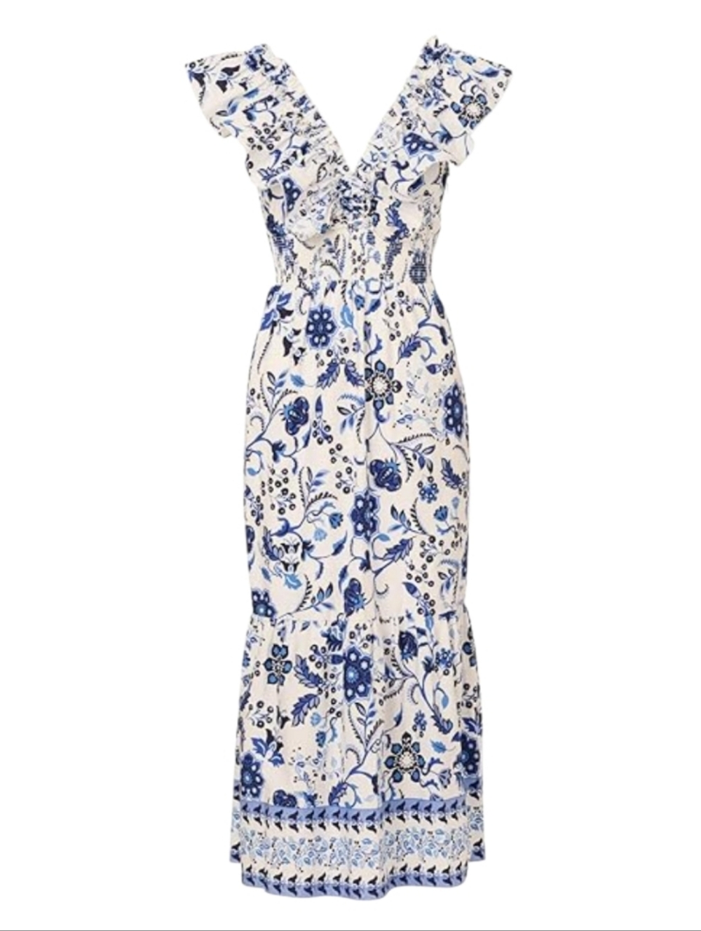 Adrianna Papell Printed Ruffle Midi Dress Blue White Garden Party Wedding Birthd
